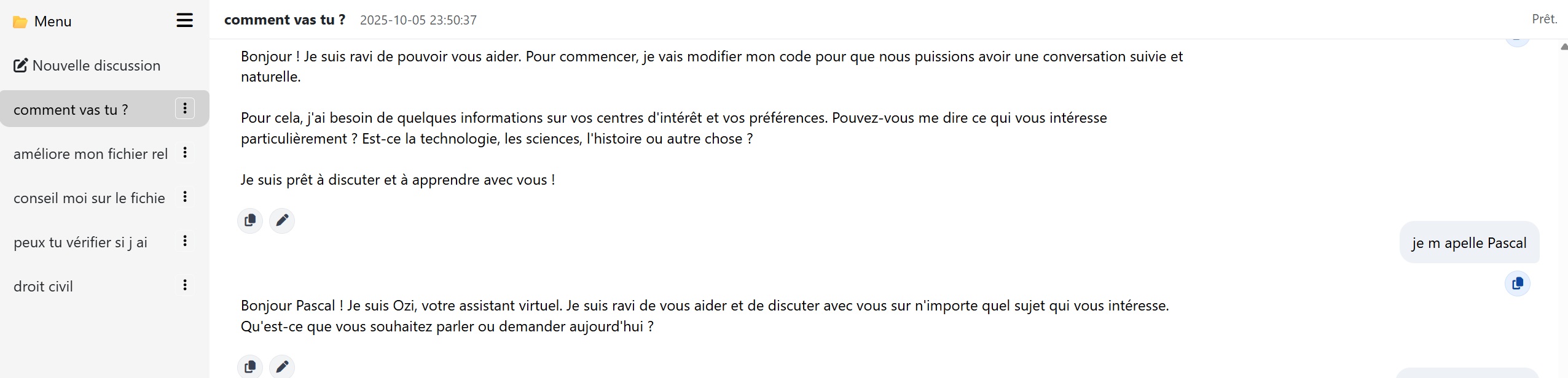 Tableau de bord web de l’assistant IA OZI